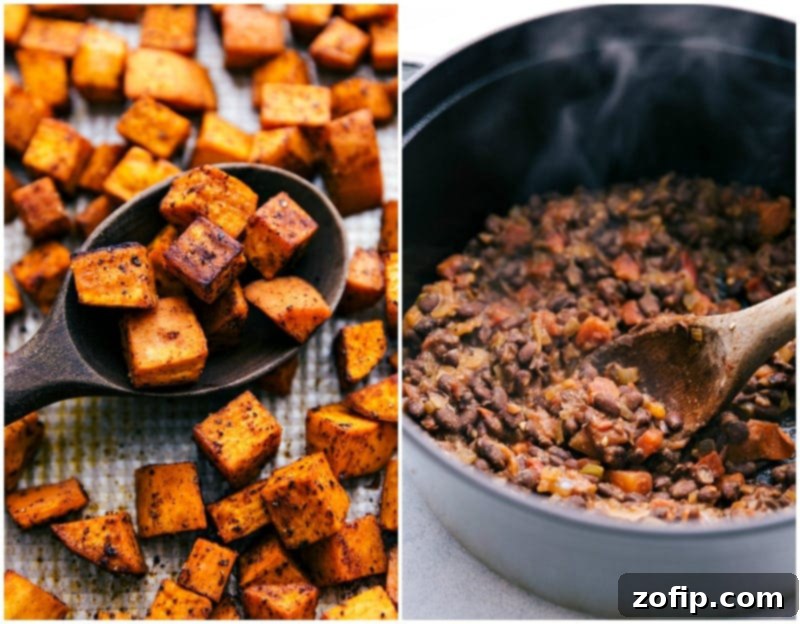 Roasted sweet potatoes and black bean tacos served with a delicious cilantro-lime sauce make the BEST easy Vegetarian Tacos! Close-up of diced sweet potatoes seasoned with spices, spread on a sheet pan, ready for roasting for Vegetarian Tacos.