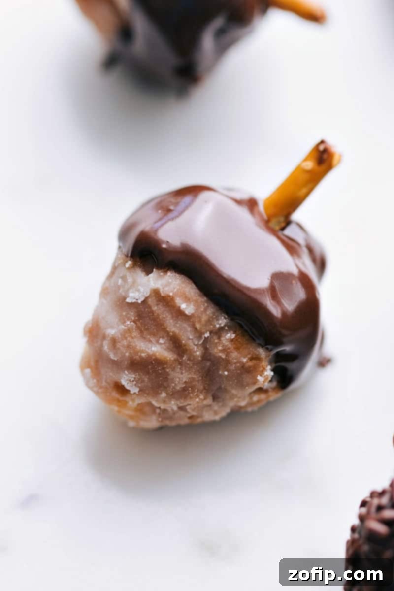 Donut hole with the top dipped in chocolate and a pretzel coming out, resembling an acorn, on a rustic white surface.