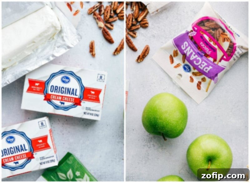 Cream Cheese, Pecans, and Apples for Caramel Apple Cheesecake Bars Close-up of ingredients for caramel apple cheesecake bars, featuring softened cream cheese, crunchy pecans, and freshly diced apples.