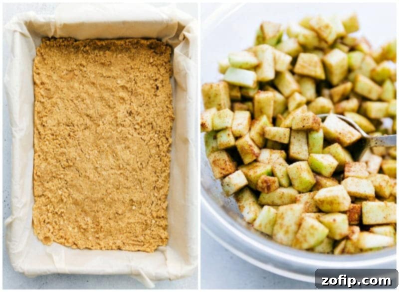 Prepped Graham Cracker Crust and Seasoned Apples A baking pan filled with a golden graham cracker crust next to a bowl of finely chopped apples seasoned with spices, ready for layering.