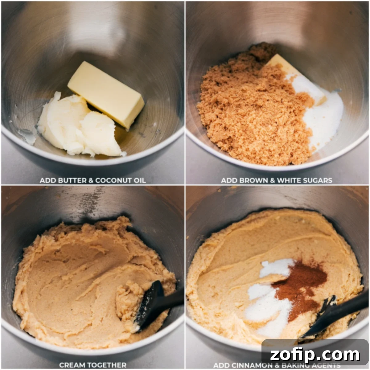 Butter, coconut oil, sugars, spices, and baking agents being mixed into the Coconut Oil Oatmeal Cookies dough.