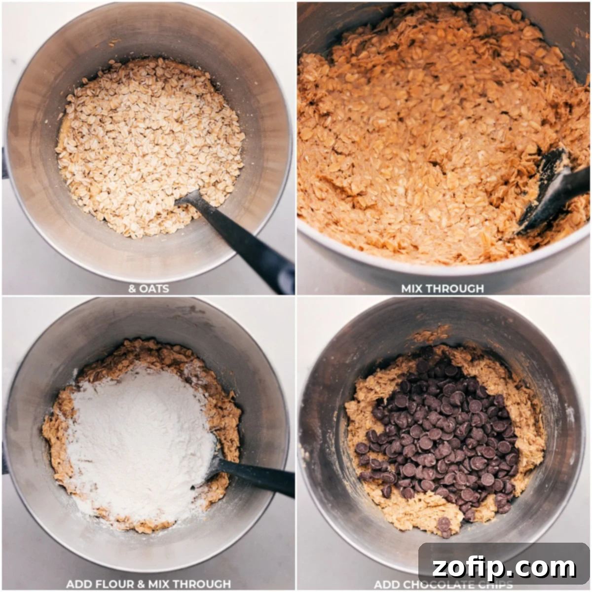 Oats, flour, and chocolate chips being added to the Coconut Oil Oatmeal Cookies batter.