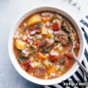 A finished bowl of Easy Beef and Barley Soup, garnished with fresh parsley.