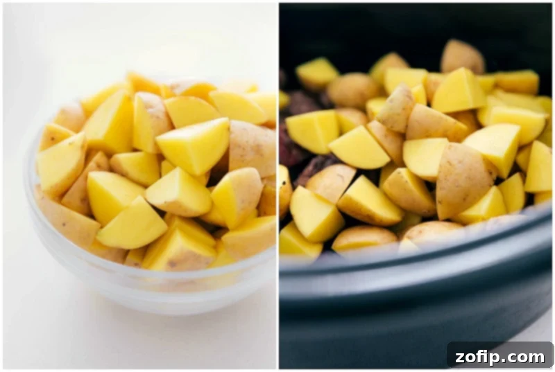 Fresh Yukon Gold potatoes, peeled and uniformly chopped into 1/2-inch cubes for the slow cooker soup recipe.