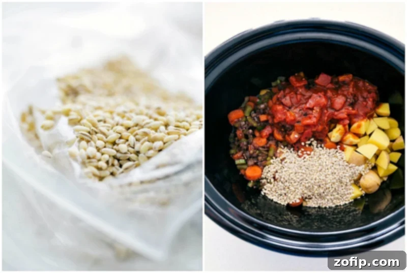 Pearl barley being added to the slow cooker with other ingredients for a rich and hearty soup.