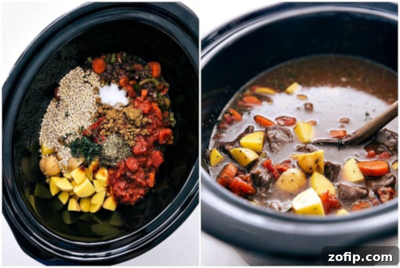All the ingredients for easy beef and barley soup assembled in the slow cooker, ready for cooking.