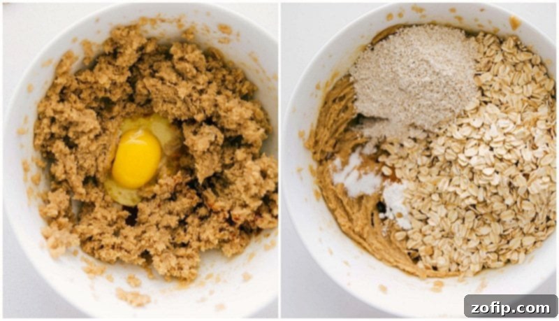 Combining wet and dry ingredients: The next step in creating perfect soft and chewy oatmeal cookies. Process shot of making Oatmeal Cookies: the well-creamed wet ingredients are in a bowl, and the measured dry ingredients (flour, oat flour, spices) are carefully added on top before mixing