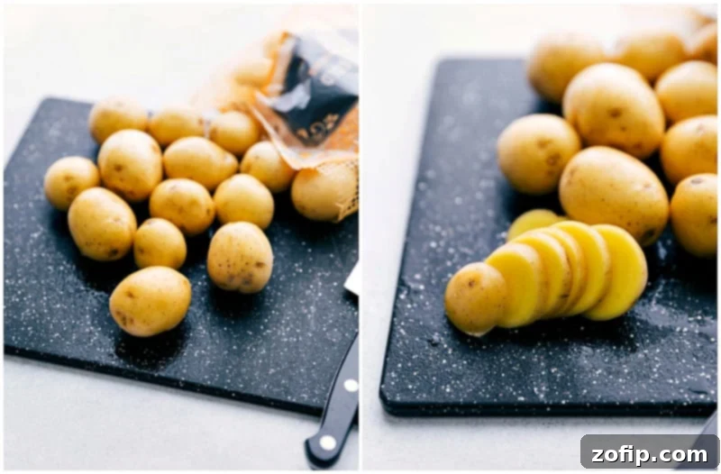 The potatoes are cooked in the crockpot until tender and flavorful and then covered in plenty of cheese. Thinly sliced potatoes, ready for Crockpot Cheesy Potatoes.