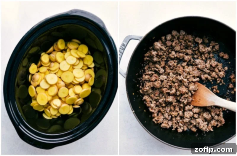 Simple and delicious comfort food: crockpot cheesy potatoes! Process photos of sausage and onion browning in a skillet, and thinly sliced potatoes being added to a slow cooker.