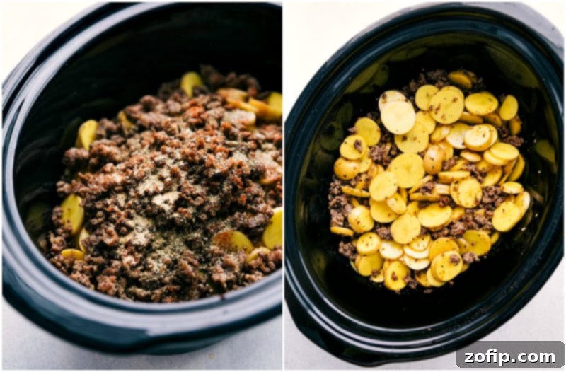 The potatoes are cooked in the crockpot until tender and flavorful and then covered in plenty of cheese. Close-up of Crockpot Cheesy Potatoes being assembled in the slow cooker before cooking.