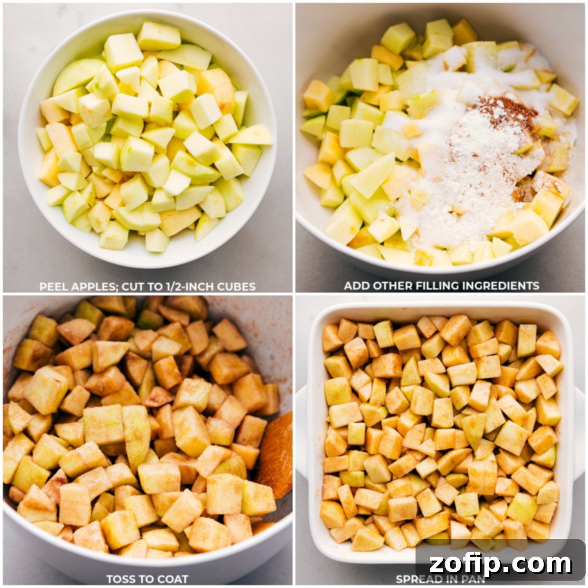 Chopped apples tossed with spices and lemon juice being poured into a baking dish, ready for the crumble topping.
