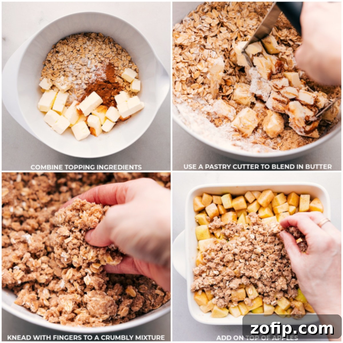 Hands sprinkling a homemade oat crumble topping over a pan of seasoned apple filling, ready for baking.