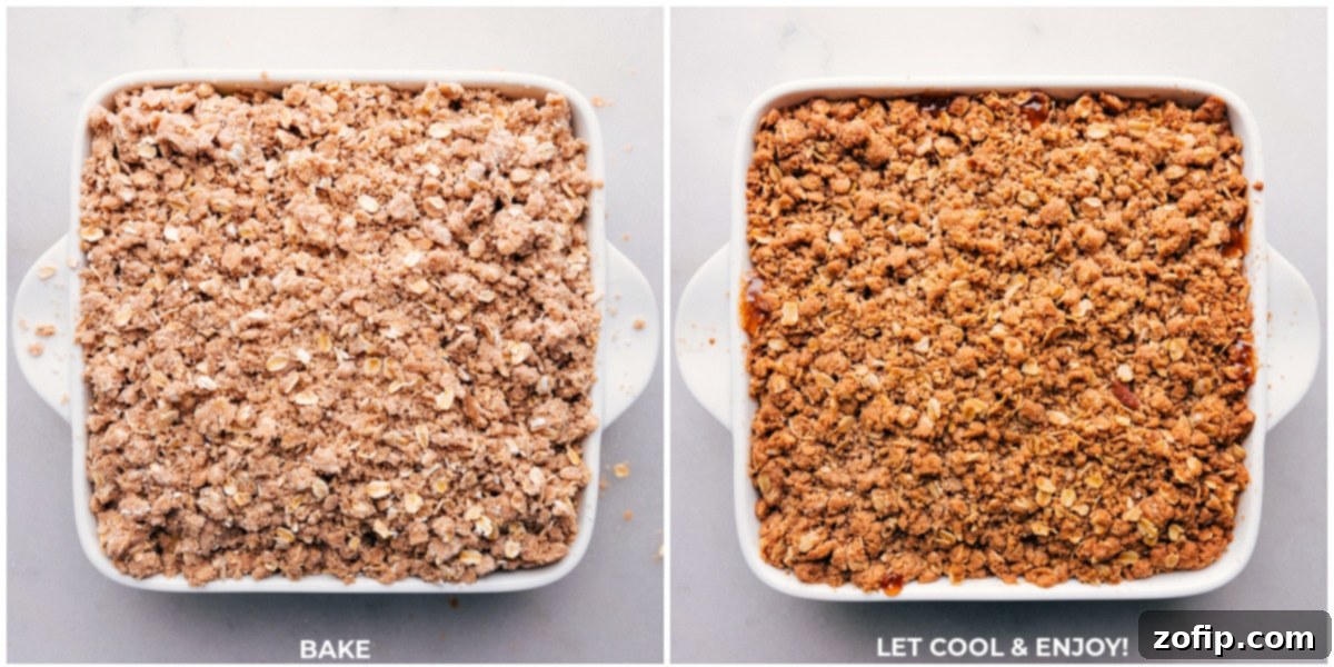 Apple crumble baking in a hot oven, with the topping turning golden brown and edges bubbling.