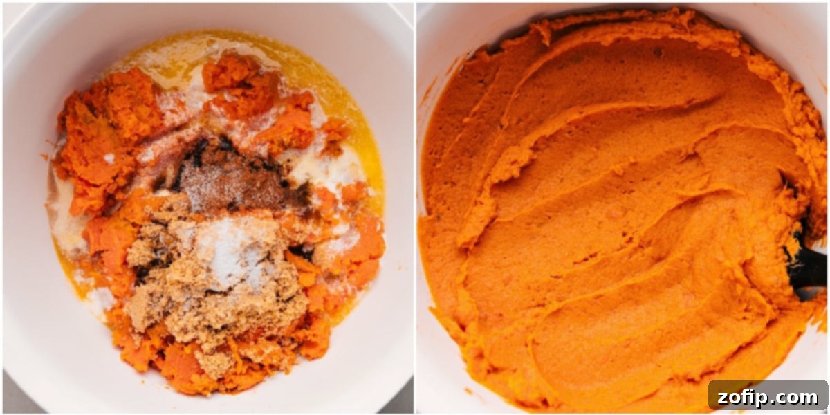 How To Make Sweet Potato Casserole All the filling ingredients for the sweet potato casserole, including mashed sweet potatoes, spices, and liquid, mixed together in a large bowl, ready for baking.