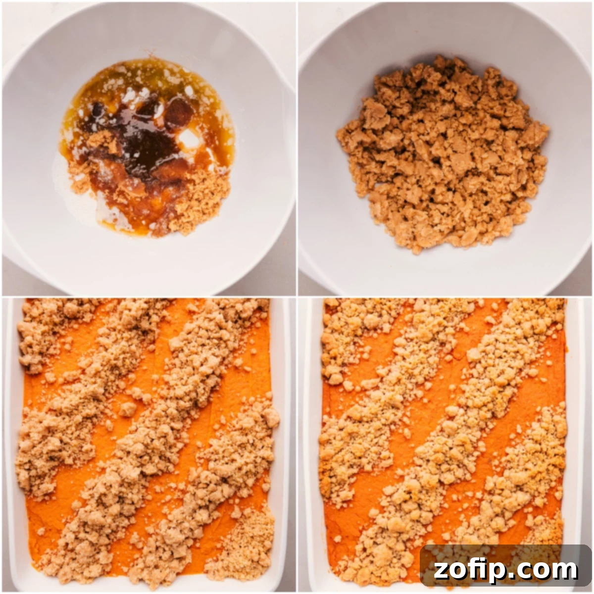 Topping The Sweet Potato Casserole With Streusel The process of streusel topping being gently sprinkled onto the creamy sweet potato casserole base before baking.