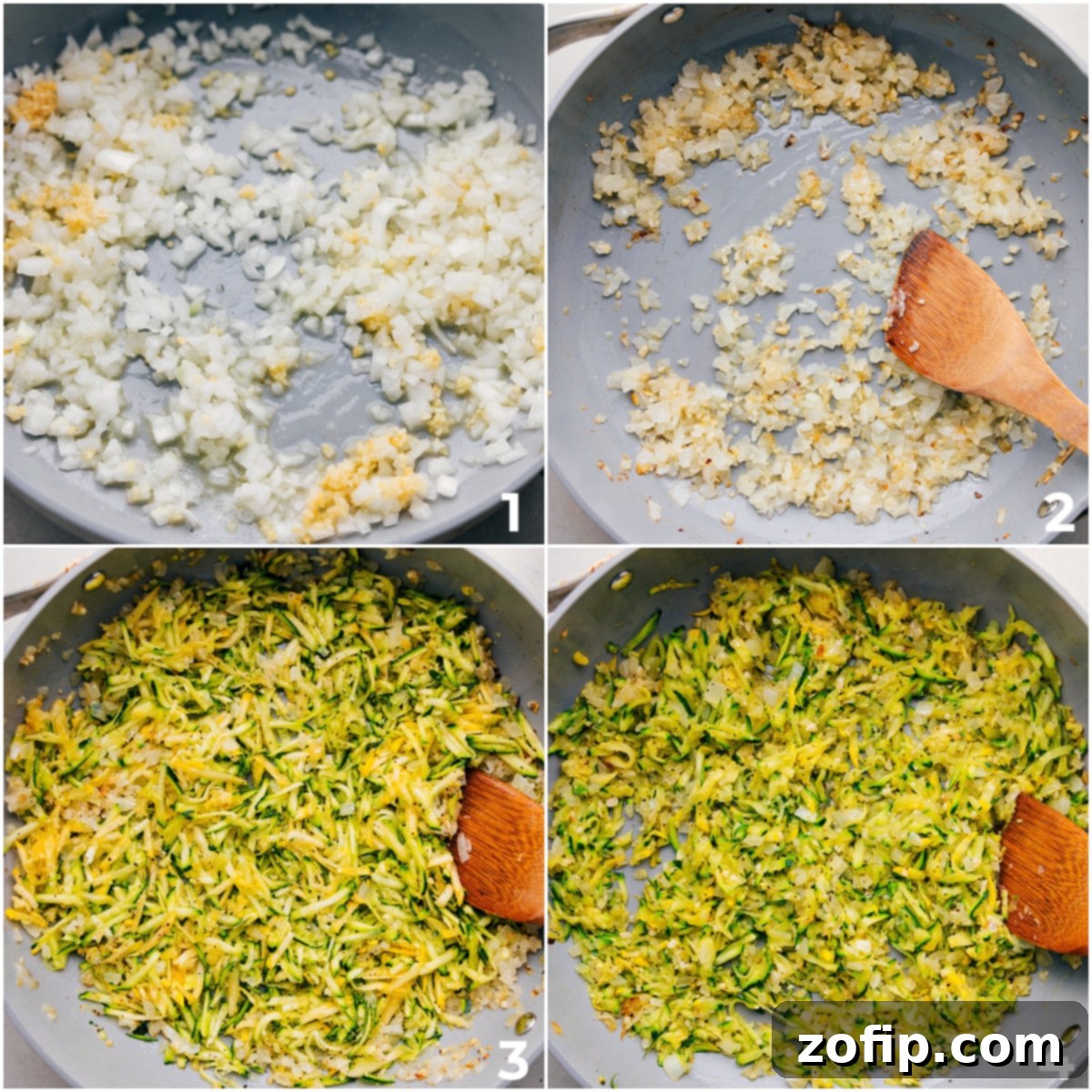 Diced onion, minced garlic, and shredded zucchini being sautéed together in a large pot, forming the flavorful base for the Zucchini Pasta Sauce.