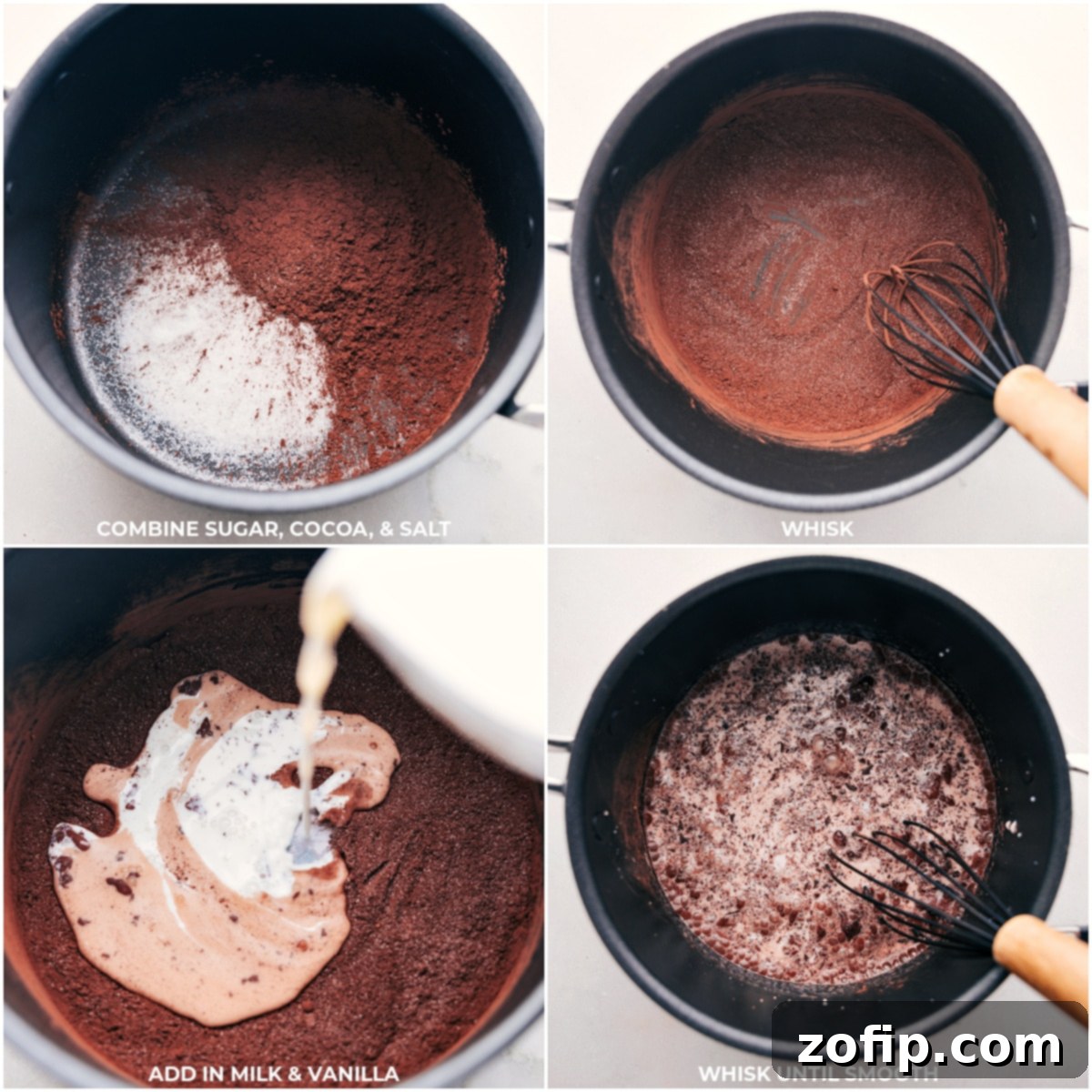 The smooth, dark hot chocolate mixture is gently stirred in a saucepan over a low flame, ensuring it warms evenly and develops a perfect, velvety consistency before being served.