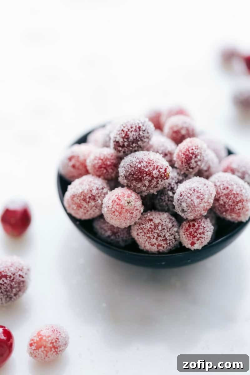 Sparkling Sugared Cranberries: A Festive Holiday Delight A bowl brimming with beautiful, sparkly sugared cranberries, ready for holiday festivities.