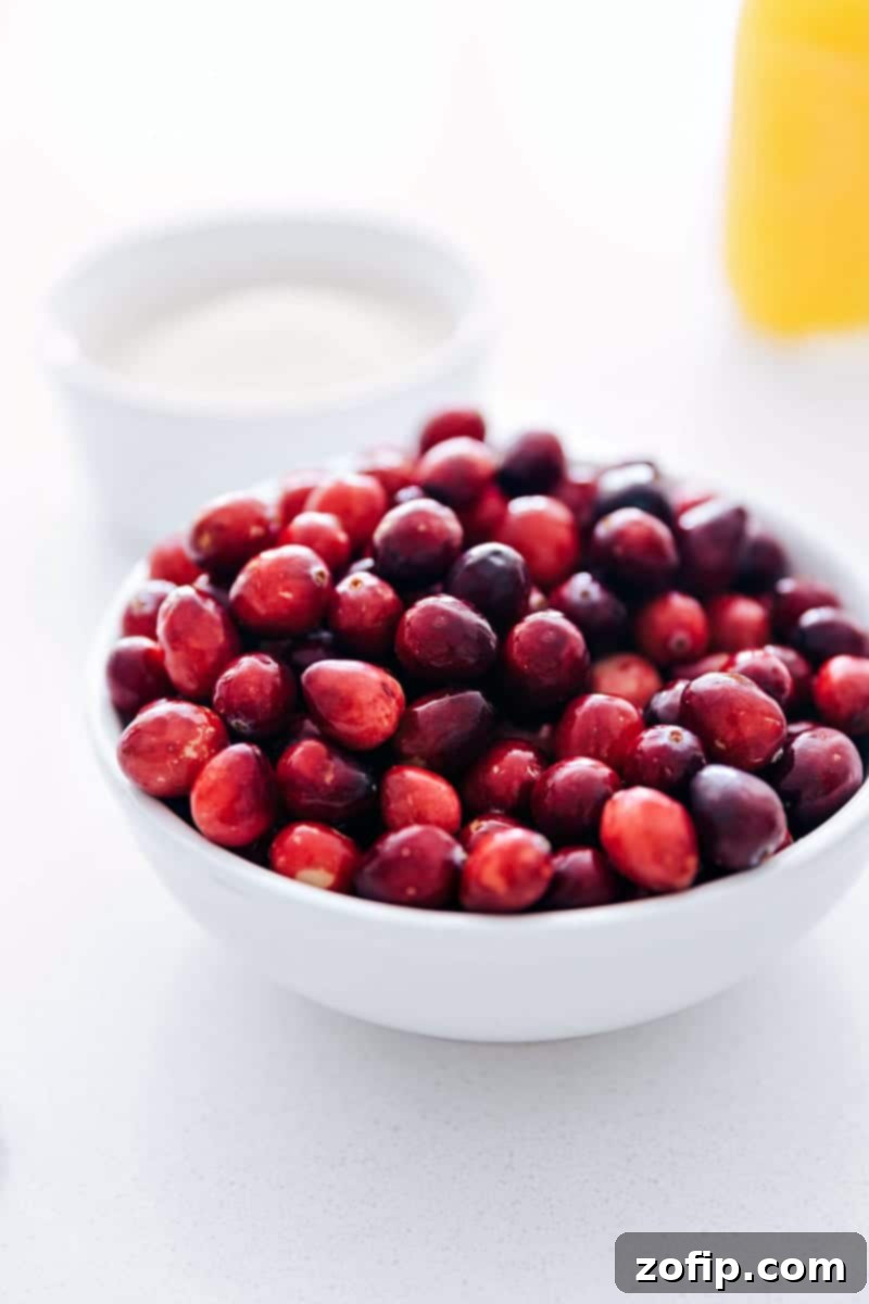 Simple Ingredients for Gorgeous Sugared Cranberries A flat lay photograph showcasing fresh cranberries, various types of sugar, and a glass of orange juice on a rustic wooden surface, representing the key ingredients for sugared cranberries.