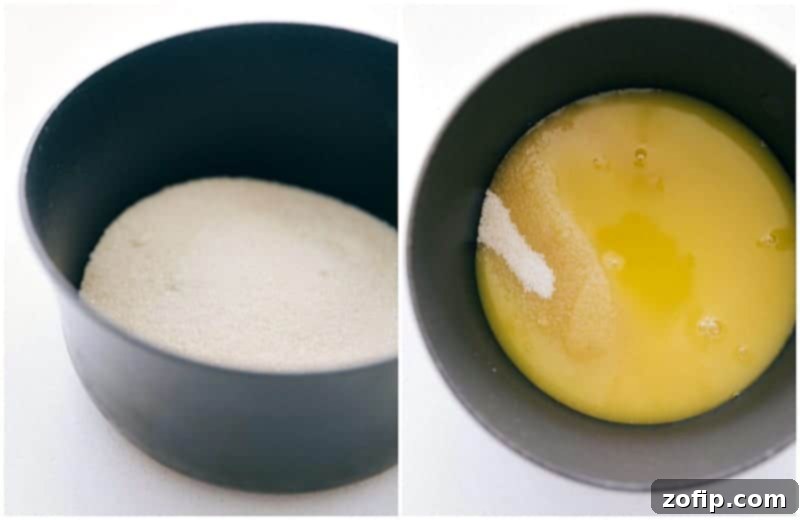Creating the Sweet Orange Syrup Base Close-up process shot showing orange juice and cane sugar being combined in a small saucepan on a stove, illustrating the first step of making sugared cranberries.