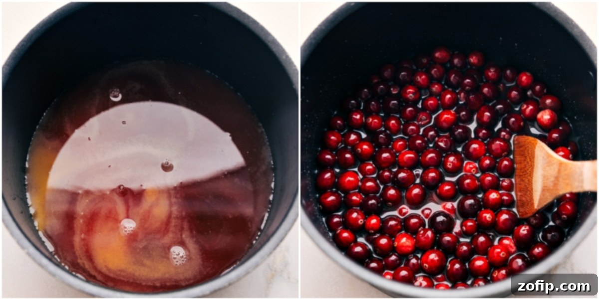 The process of making cranberry sauce: combining orange juice, cranberry juice, and sugars in a pot, then adding fresh cranberries to simmer.