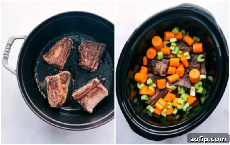 Perfectly seasoned Short Ribs with veggies and a delicious gravy! Step-by-step photos and an EASY foolproof recipe! Process shots: Browning the beef short ribs; adding in vegetables to the pot