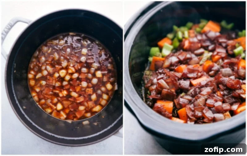 Slow Cooker short ribs with veggies and a delicious gravy! Step-by-step photos and an EASY foolproof recipe! Process shots: Cooking onions for the gravy; placing cooked onions on top of short ribs in the slow cooker