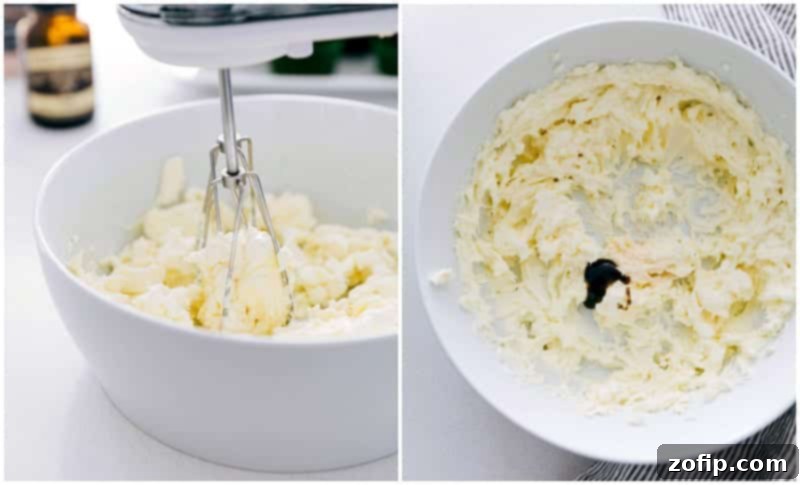 Close-up of freshly made easy cream cheese frosting in a bowl, showing its smooth texture.