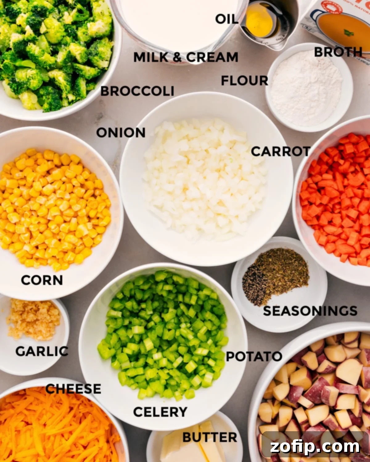 Ingredients In Creamy Vegetable Soup Recipe All the essential ingredients for making the best Creamy Vegetable Soup are neatly prepped and laid out: various vegetables, flour, broth, milk, cream, seasonings, cheese, and butter.