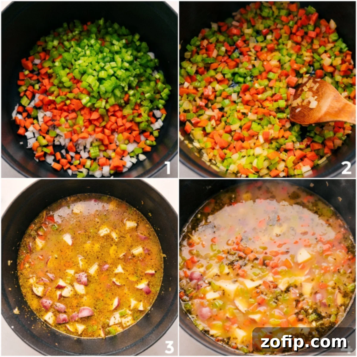 How To Make Creamy Vegetable Soup Recipe Step-by-step process of making creamy vegetable soup, showing vegetables sautéing, followed by broth and potatoes simmering in a large pot.
