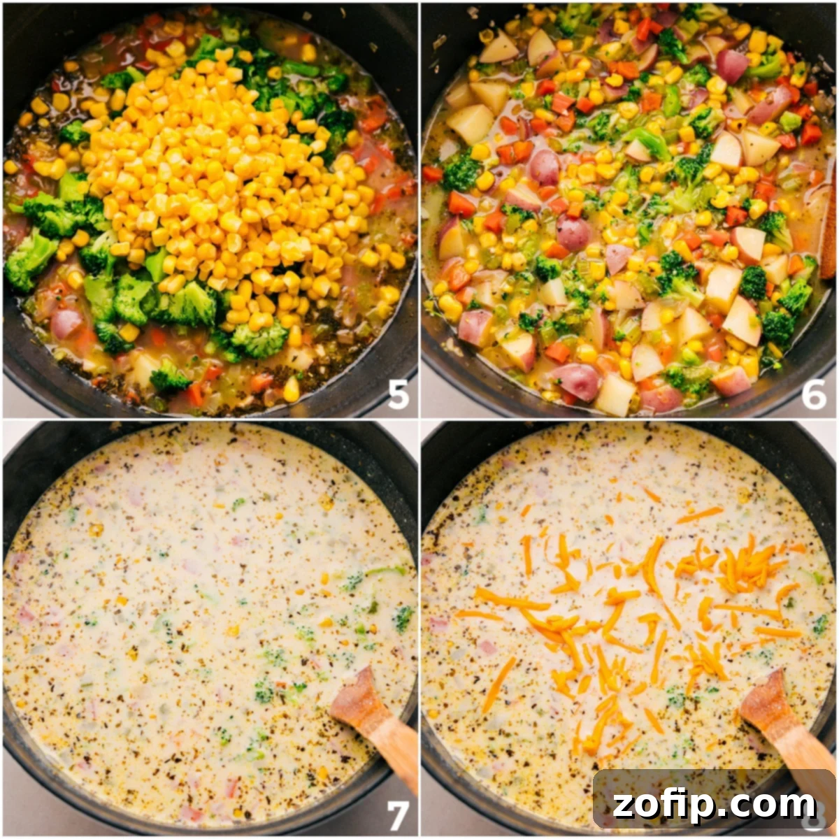 Creamy And Delicious Vegetable Soup Recipe Being Made The final steps of making the creamy vegetable soup, with broccoli and corn being stirred into the pot with the rich cream base and melted cheddar cheese.
