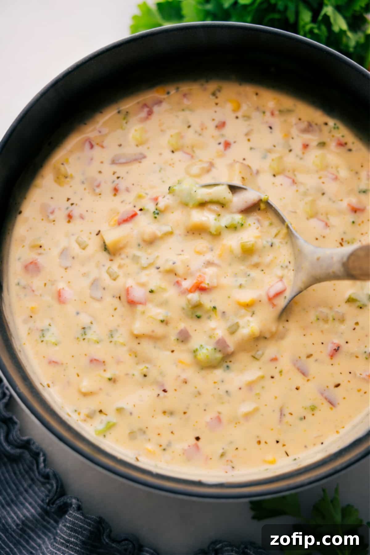 One Pot Creamy Vegetable Soup Recipe A large pot filled with rich, creamy vegetable soup, with a ladle resting inside, ready for serving.