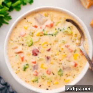 Velvety Garden Medley 2 A bowl of rich, creamy vegetable soup garnished with fresh herbs, ready to be served.