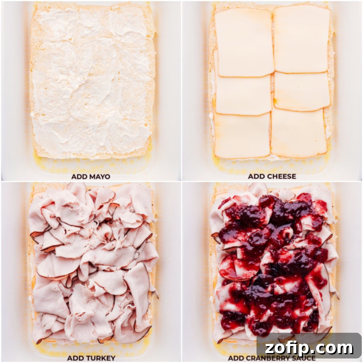 Step-by-step assembly of Turkey Cranberry Sliders: fluffy Hawaiian rolls layered with creamy mayonnaise, generous slices of melted Muenster cheese, savory roasted turkey, and a dollop of tangy cranberry sauce, all perfectly prepped for baking to create a harmonious flavor combination.
