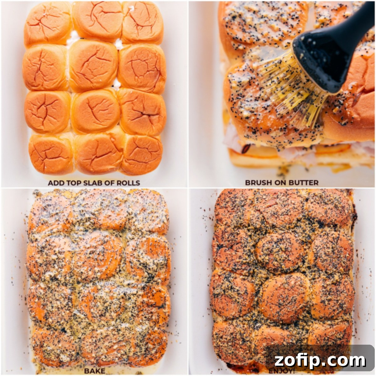 A close-up view of the Turkey Cranberry Sliders in a baking pan, with the savory butter mixture being generously brushed over their golden-brown tops, preparing them for their final bake to achieve ultimate deliciousness.