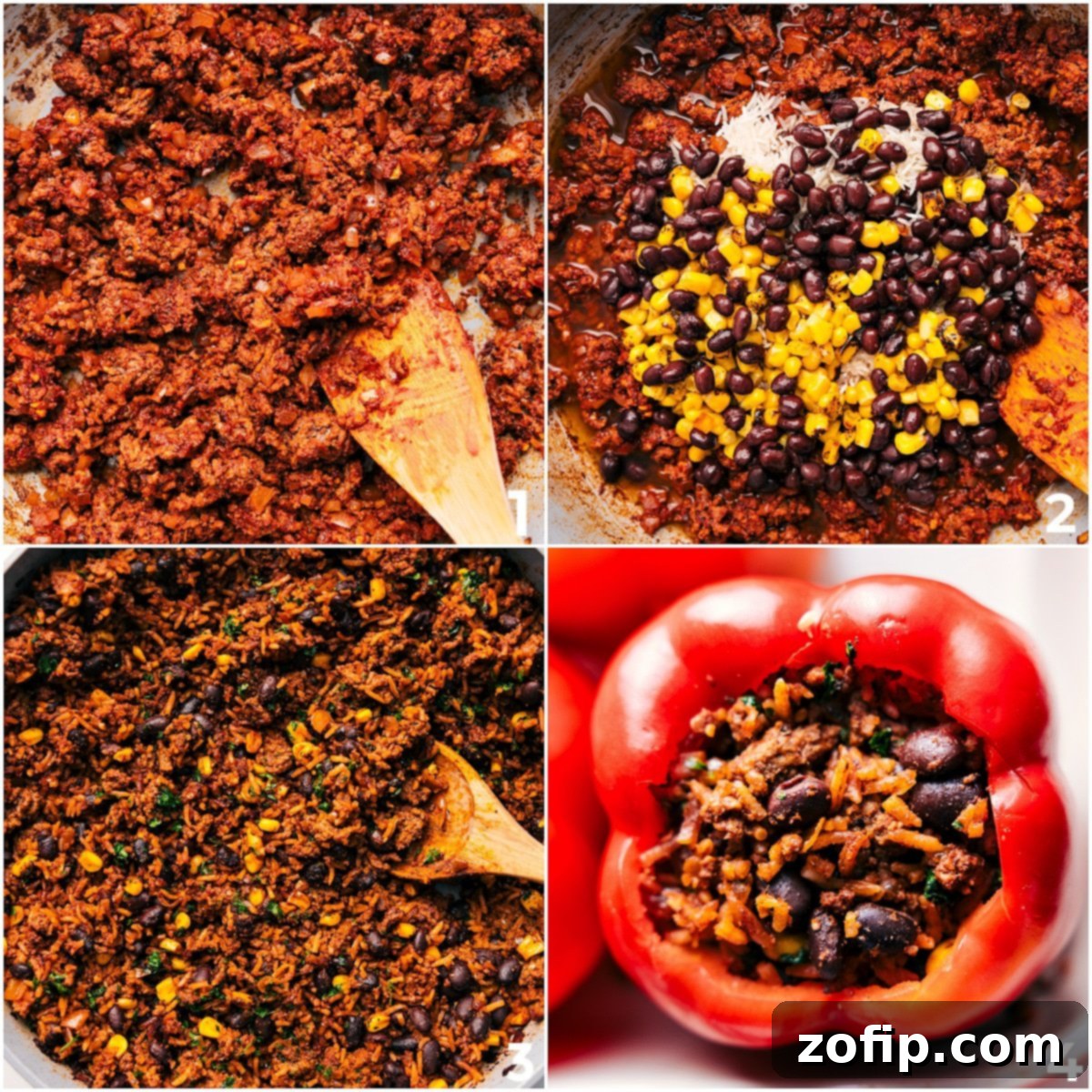 Detailed Steps: How to Assemble and Bake Mexican Stuffed Peppers Visual guide showing the progression: ground beef cooking with spices, mixed with rice, beans, and corn, then stuffed into hollowed bell peppers, ready for baking.
