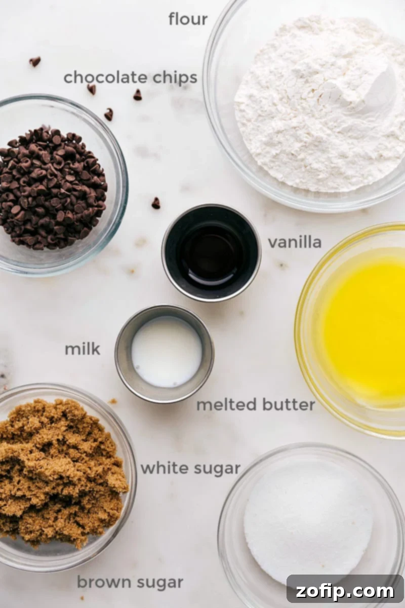 A meticulously arranged assortment of edible cookie dough ingredients, including bags of flour, blocks of butter, bowls of brown and white sugar, a bottle of vanilla extract, a glass of milk, and a scattering of mini chocolate chips, set against a clean background, ready for preparation.