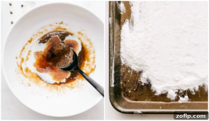A two-panel image showing the preparatory steps for edible cookie dough: on the left, milk and vanilla extract are being stirred into the creamy butter-sugar mixture; on the right, all-purpose flour is spread evenly on a baking sheet, ready for heat treatment to ensure safety.