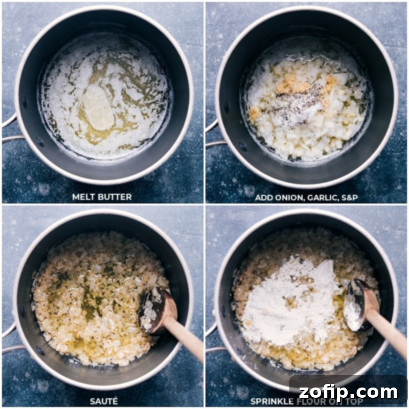 Butter, minced garlic, finely diced onion, and flour sautéing in a large pot, forming the base of the creamy sauce for Funeral Potatoes.