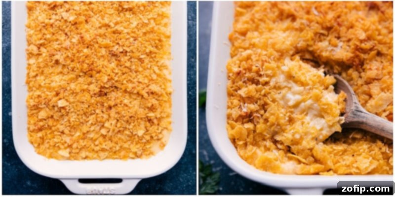 Freshly baked Funeral Potatoes, golden brown and bubbling, presented in a casserole dish ready for serving.