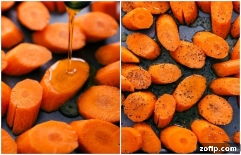 Roasted Carrots Two Delicious Takes 2 Olive oil and various seasonings being tossed with carrots on a baking sheet.
