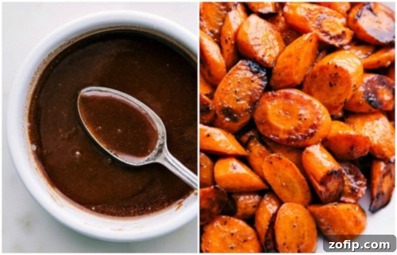 Sweet and savory Roasted Carrots Sweet honey butter glaze being drizzled over hot roasted carrots.