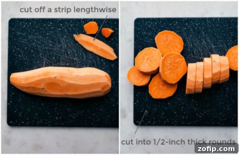 Shot of cutting a sweet potato into uniform rounds on a wooden cutting board