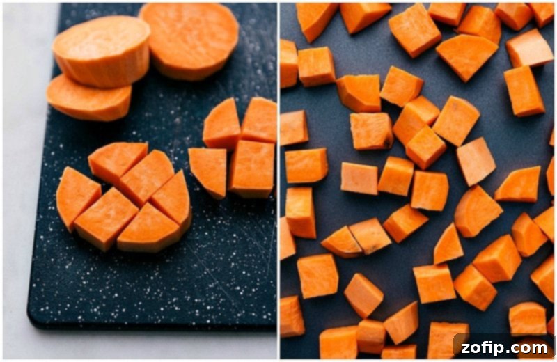 Sweet potato rounds precisely chunked into equal ½-inch cubes, ready for roasting