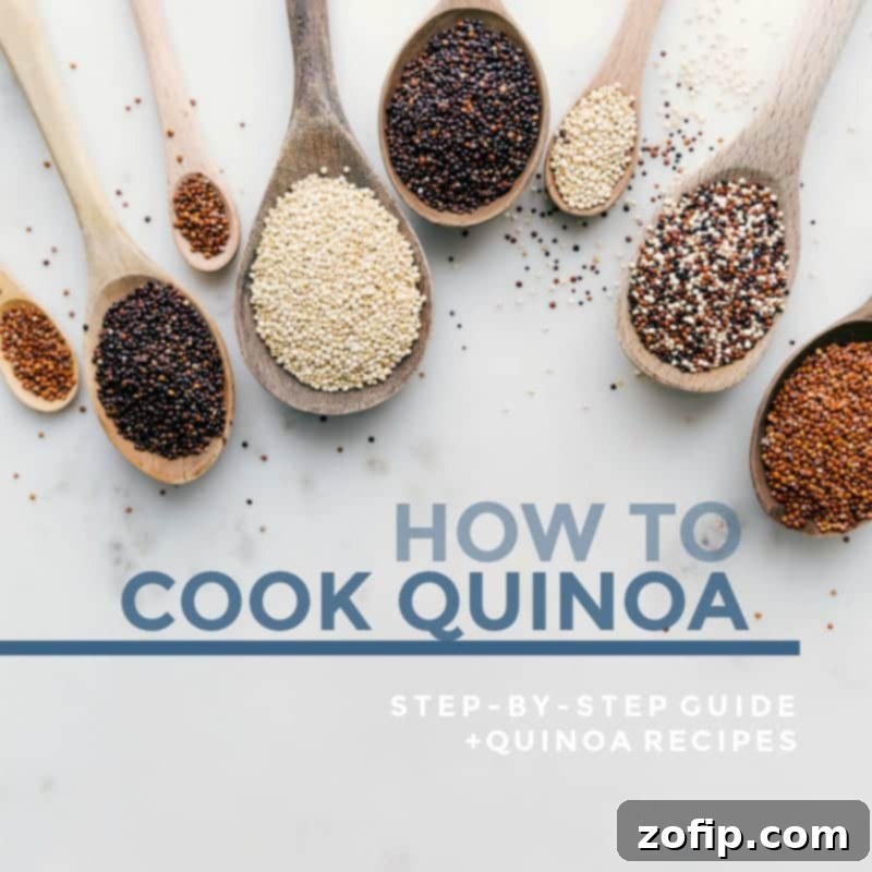 Wooden spoons holding different varieties of quinoa: white, red, and black, with text "How to Cook Quinoa: Step-by-Step Guide + Quinoa Recipes".