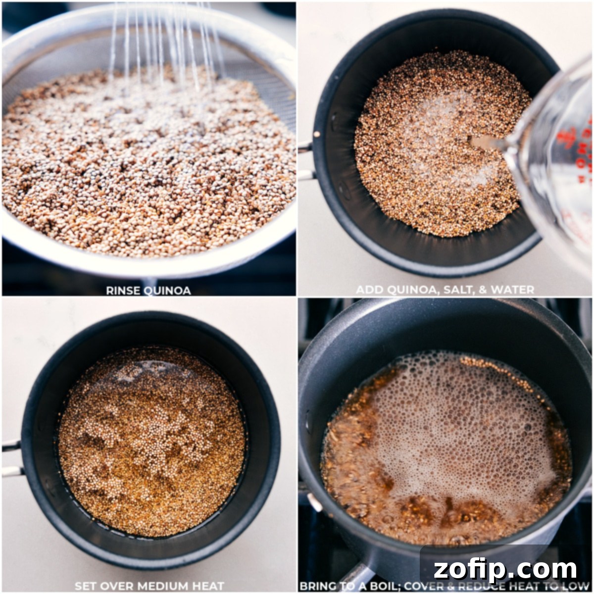 Quinoa being rinsed in a fine-mesh strainer and then simmering in a pot with water and salt.