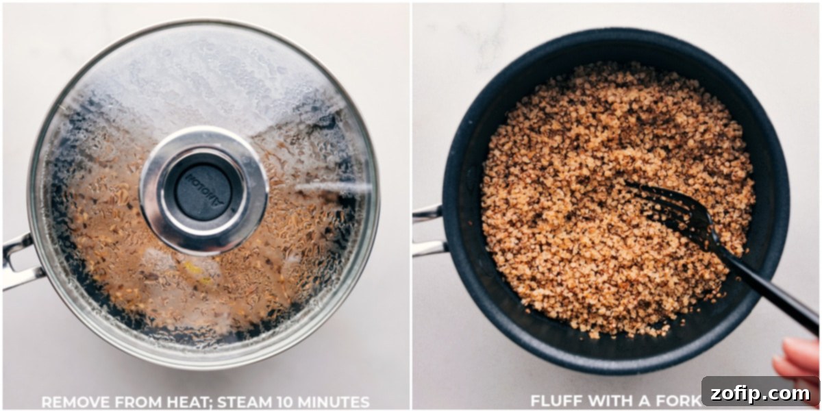 Cooked quinoa being fluffed with a fork in a pot, demonstrating the ideal light and airy texture.