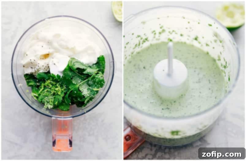 The vibrant cilantro lime sauce for shrimp tacos being mixed together in a bowl, showing its creamy texture.