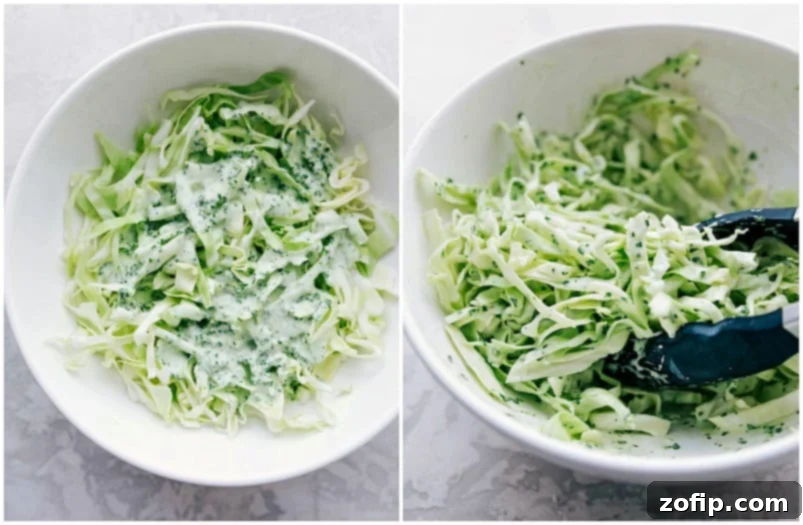 Crisp shredded cabbage mixed with the creamy cilantro lime sauce, ready to be used as a delicious taco topping.