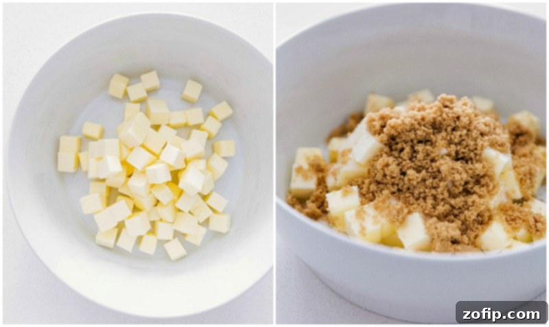 Mixing butter and sugars for flavorful Toffee Shortbread Cookies Process shot: combining brown sugar with cubed cold butter for shortbread dough